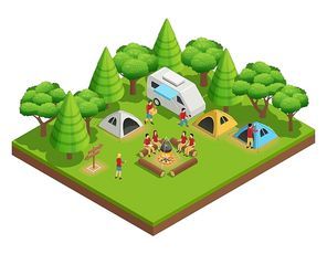 Hiking isometric composition with group of people who camped in the woods and sit around the campfire next to tents vector illustration