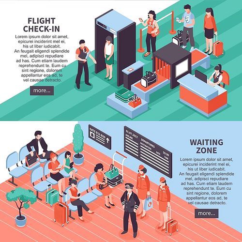Airport flight check-in security and waiting area isometric 2 horizontal banners website design isolated vector illustration