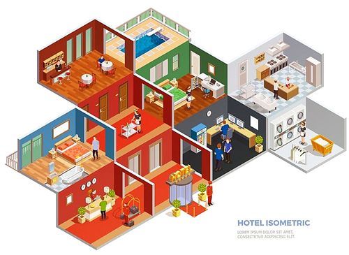 Isometric composition of hotel rooms design interior with staff and guests on white background vector illustration
