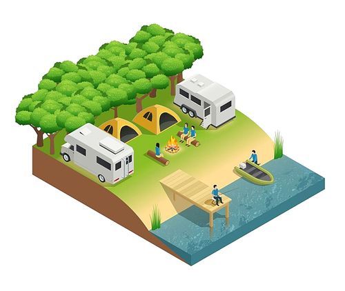 Recreational vehicles at lake isometric composition with tent people and forest vector illustration