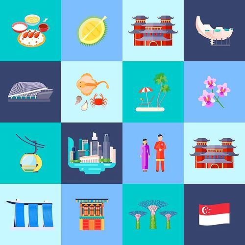 Singapore culture colored flat icon set with main attractions in little circles vector illustration