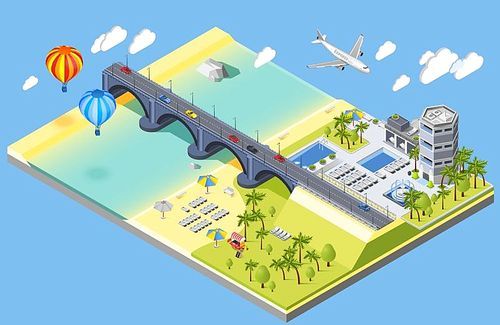 Bridge and beach isometric composition with hotel and palm trees isometric vector illustration
