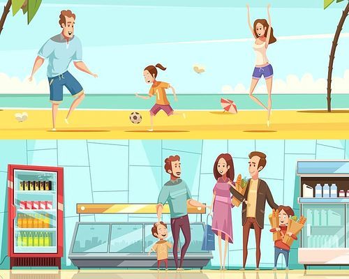 Family two horizontal  banners with adults and children making purchase in shop interior and resting on sea beach flat cartoon vector illustration