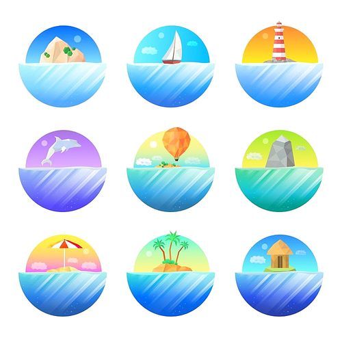 Tropical island symbols round icons set with beautiful gradient color water and palms sailboat lighthouse dolphin vector illustration