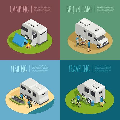 Recreational vehicles concept icons set with camping symbols isometric isolated vector illustration
