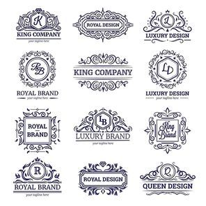 Set of monochrome labels with luxury design including monograms and vignettes crowns and diamonds isolated vector illustration