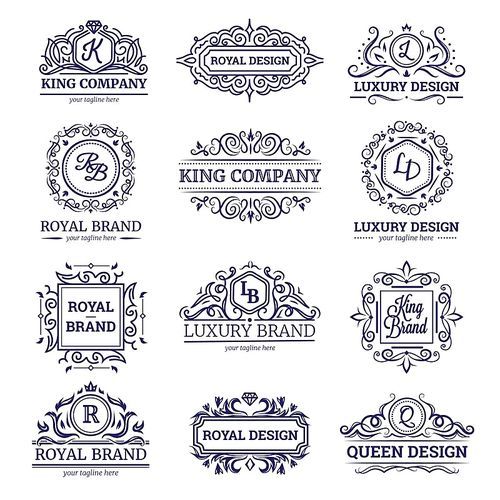 Set of monochrome labels with luxury design including monograms and vignettes crowns and diamonds isolated vector illustration