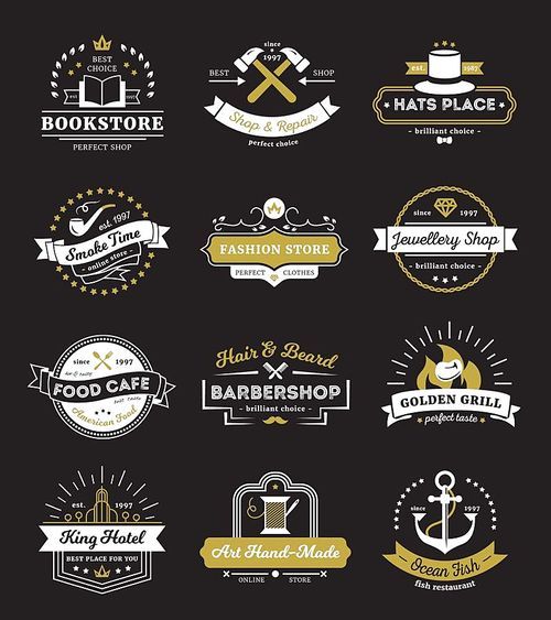 Vintage logos of hotel stores restaurant and cafe with design elements on black background isolated vector illustration