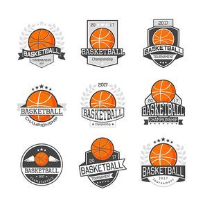 Set of emblems basketball competitions in orange grey colors with ball wreath ribbon star isolated vector illustration