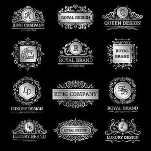 Set of silver luxury labels with flourishes and monograms ornate decorations on black background isolated vector illustration