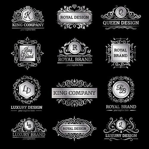 Set of silver luxury labels with flourishes and monograms ornate decorations on black background isolated vector illustration