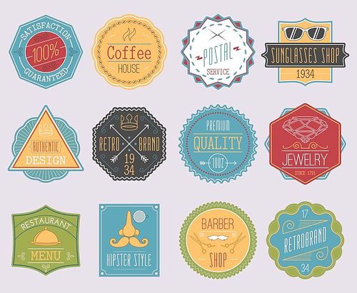 Set of retro colored line emblems with hipster elements isolated vector illustration