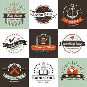 Vintage logos of shops hotel and cafe design concept with ribbons rays and stars isolated vector illustration