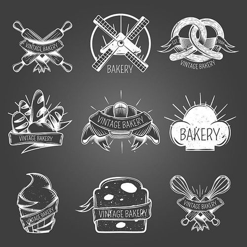 bakery monochrome labels with pastry, culinary accessories, windmill on black  vintage style isolated vector illustration