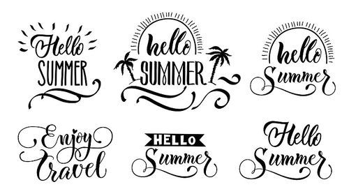 Summer lettering set of isolated monochrome emblems with ornate text hand drawn style sunbeams and palms vector illustration