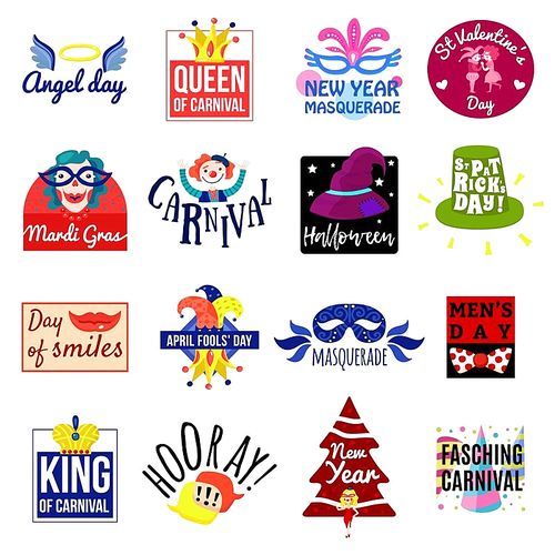 Carnival emblem label logo set for new year masquerade halloween mardi gras and other holidays isolated flat vector illustration