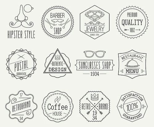 Set of retro line emblems with hipster elements isolated vector illustration