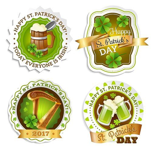Saint Patricks day emblems set with beer and fun symbols cartoon isolated vector illustration