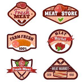 Meat market emblems set with butcher symbols flat isolated vector illustration