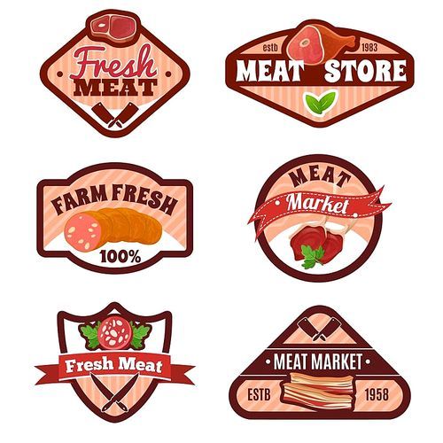 Meat market emblems set with butcher symbols flat isolated vector illustration