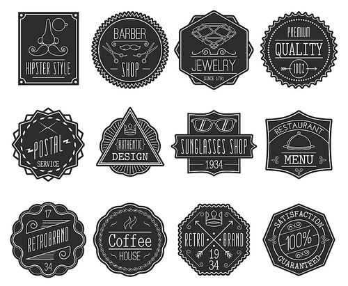 Set of retro black line emblems with hipster elements isolated vector illustration