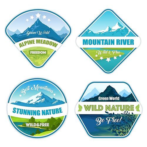 Nature landscape logos set of four isolated alpine mountain emblems with wild scenery images and text vector illustration