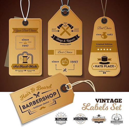 Set of vintage labels of shops with design of 3d cardboard tags with rope isolated vector illustration