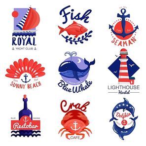 Set of nautical emblems for cafe, club, hostel with calligraphic letterings, anchor, sea animals isolated vector illustration