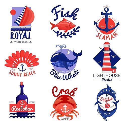 Set of nautical emblems for cafe, club, hostel with calligraphic letterings, anchor, sea animals isolated vector illustration