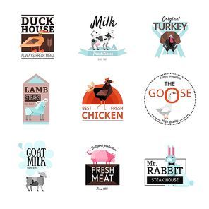 Colorful geometric food logo set offering best quality meat and milk isolated on white  flat vector illustration