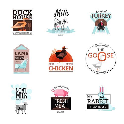 Colorful geometric food logo set offering best quality meat and milk isolated on white  flat vector illustration
