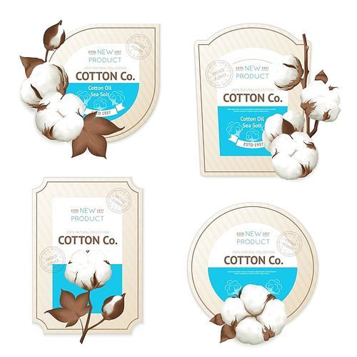 Realistic cotton emblem package icon set with cotton oil sea soft description vector illustration