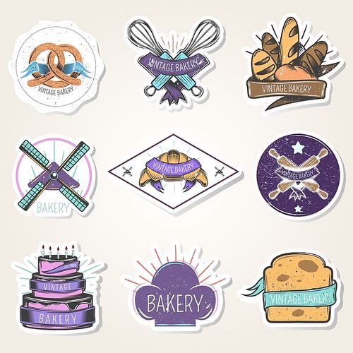 Bakery set of stickers with flour products, culinary tools, windmill, design elements, vintage style isolated vector illustration