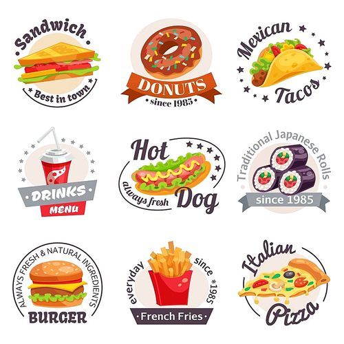 Fast food set of labels with burgers hotdogs japanese rolls drinks and design elements isolated vector illustration