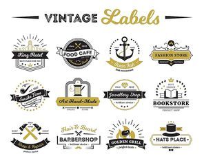 Vintage labels of hotel shops and cafe including bookstore barber and design elements isolated vector illustration