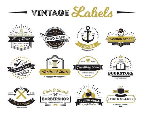 Vintage labels of hotel shops and cafe including bookstore barber and design elements isolated vector illustration