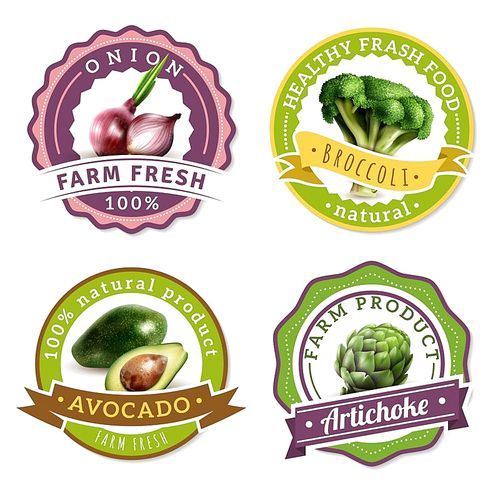 Collection of labels for organic farming products with healthy fresh vegetables icons flat isolated vector illustration