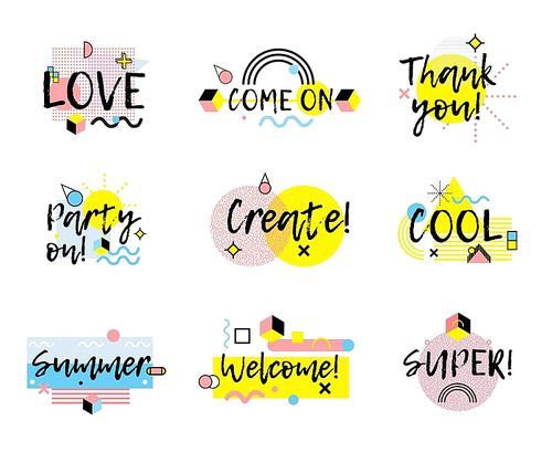Collection of hand drawn phrases in  memphis style with colorful lines and geometric shapes isolated vector illustration