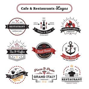 Cafe and restaurant logos vintage design with food and drinks cutlery and crockery isolated vector illustration