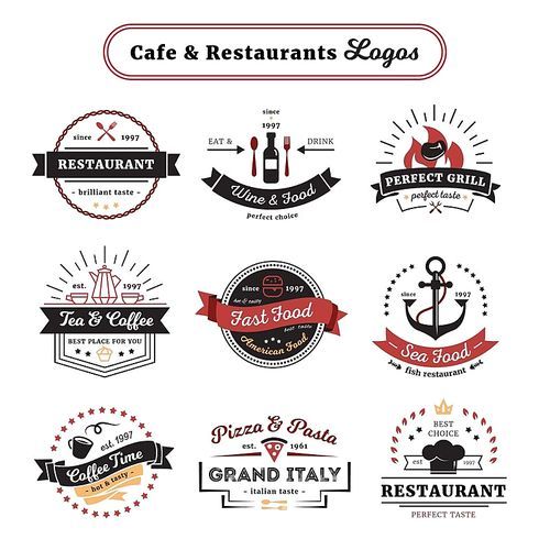 Cafe and restaurant logos vintage design with food and drinks cutlery and crockery isolated vector illustration