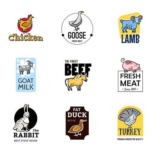 Set of food logos with goat milk and poultry beef pork lamb and rabbit isolated vector illustration