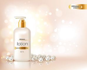 Pump top bottle with organic cosmetic lotion and gold cap decorated with scattering of pearls and glare background realistic vector illustration