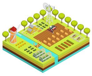 Colored farm isometric with farm project in planting process digging the earth vector illustration