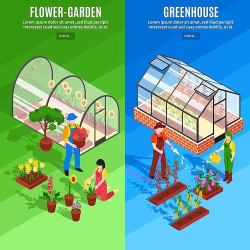 Two vertical greenhouse vertical banner set with flower garden and greenhouse descriptions vector illustration