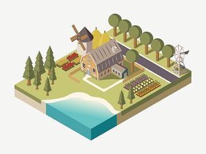 Farmhouse with track windmill garden beds and trees stacks of hay lake and road isometric vector illustration