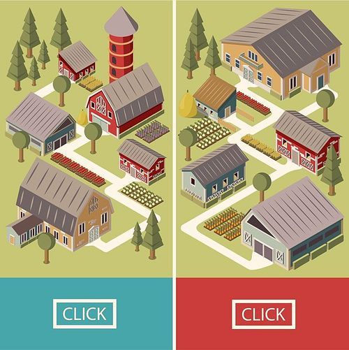 Farm isometric vertical banners with house barn shed and silo garden beds and trees isolated vector illustration