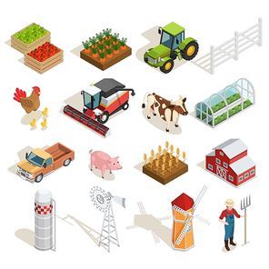 Farm isometric icons collection with agricultural machines animals vegetables fruits greenhouse mills farmer barn isolated vector illustration