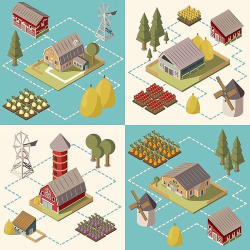 Farm isometric concept with mill fields and harvest barn and silo trees and hay isolated vector illustration