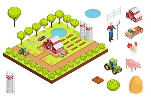 Farm isometric composition layout creating a farm with a house trees seedlings and animals vector illustration