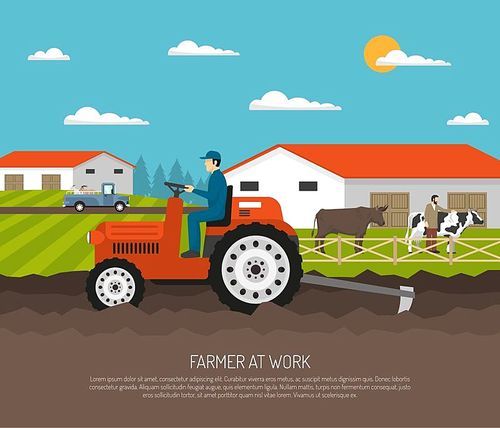 Farm background with flat farmsteading landscape and farmer character on agrimotor and livestock animals with text vector illustration